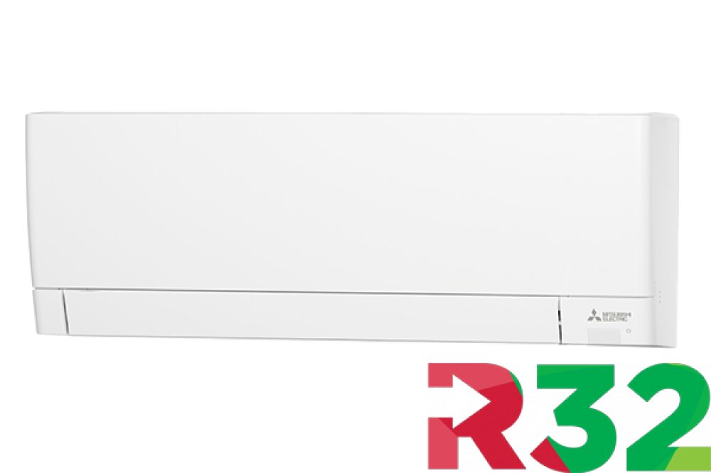 A white indoor unit with Mitsubishi branding displays "R32" prominently, suggesting a refrigerant type for cooling applications