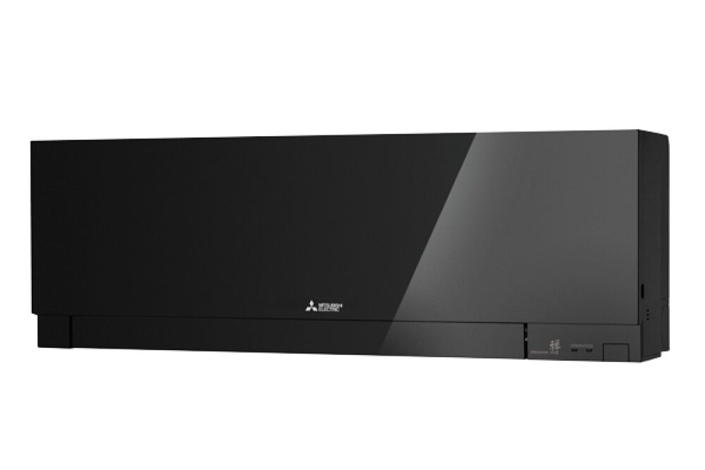 A sleek, black Mitsubishi Electric wall-mounted air conditioning unit is shown from an angle against a plain white background