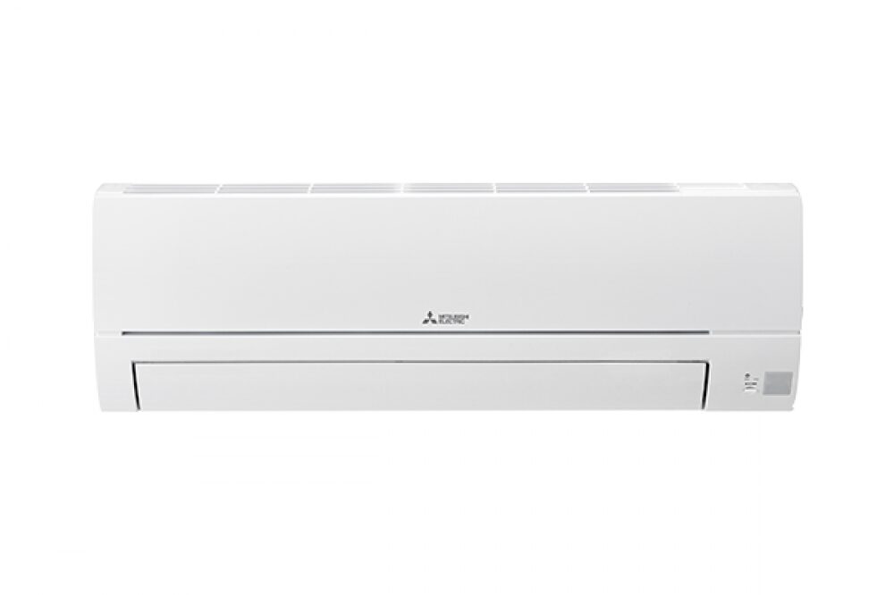 A white wall-mounted  aircon unit with a prominent brand logo sits against a plain background, showcasing modern indoor appliance design