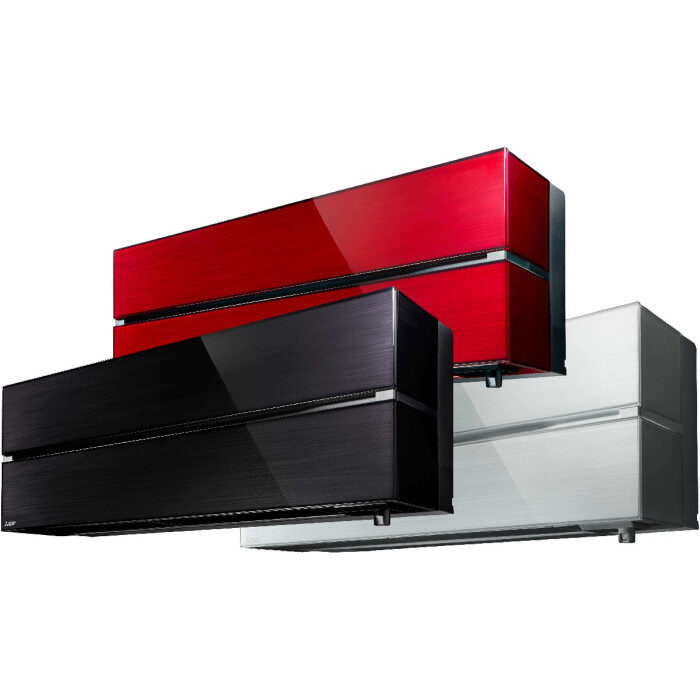 Three sleek, modern wall-mounted units—black, red, and silver—are displayed against a white background, showcasing their contemporary design