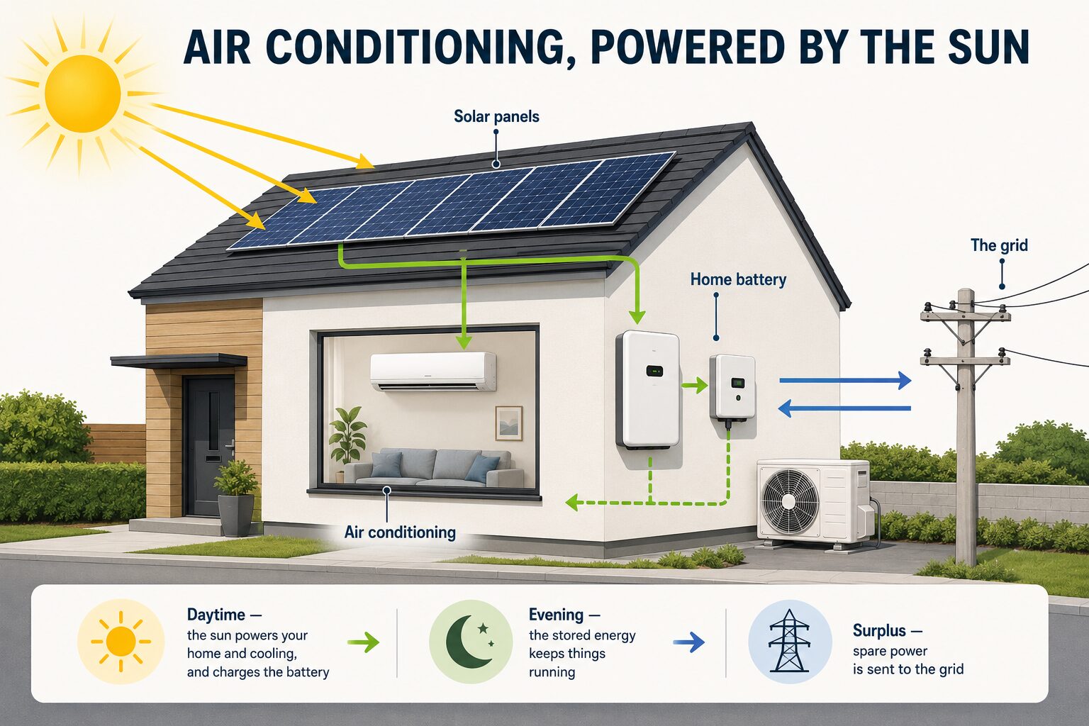 A suburban house with solar panels on its roof is powered by the sun, storing energy in a battery and sending surplus power to the grid