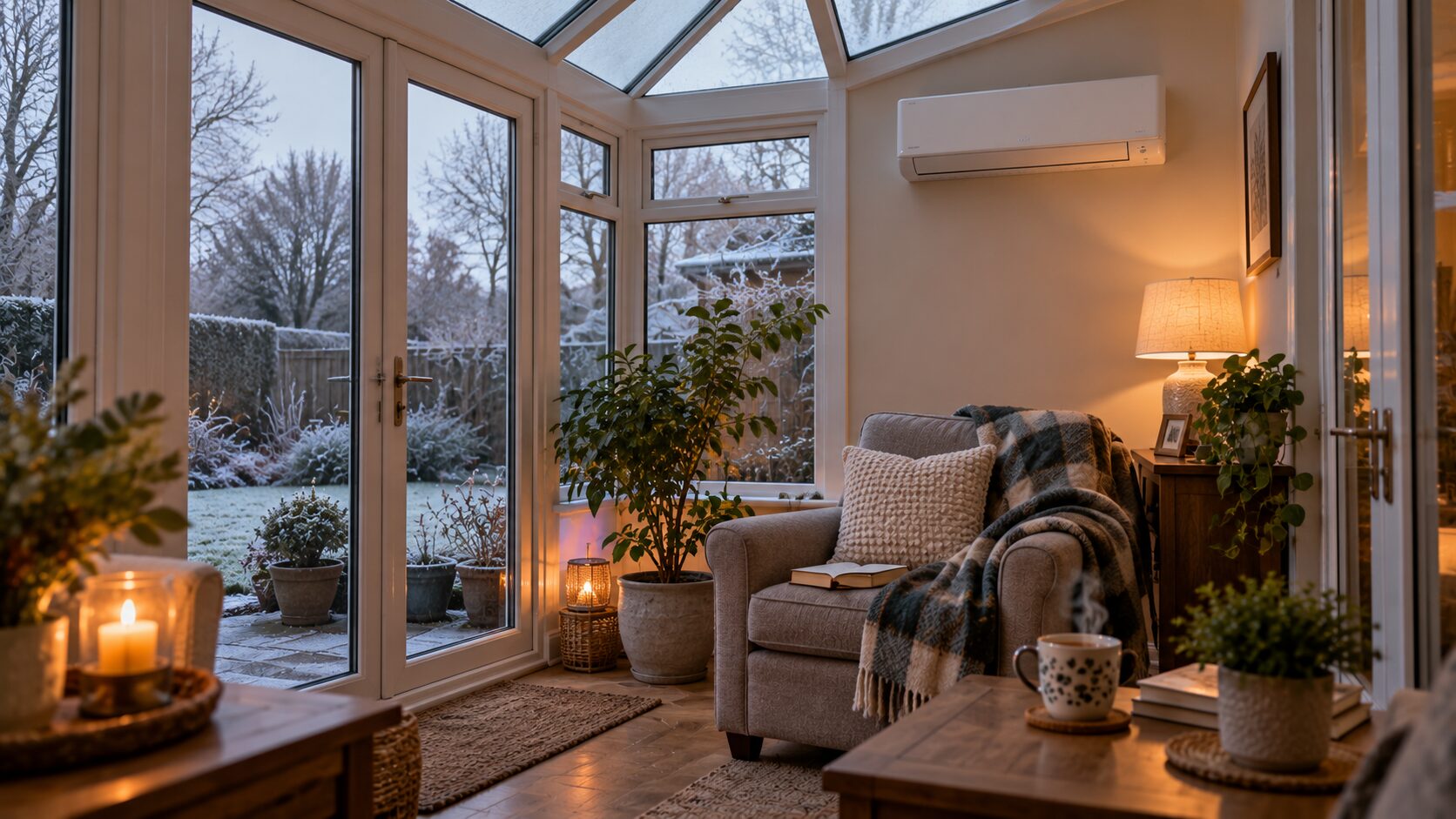 A conservatory on a frosty winter evening, warm and in use, with an armchair, blanket and lamp inside and a slim wall-mounted air conditioning unit on the solid wall, while the garden outside is white with frost.