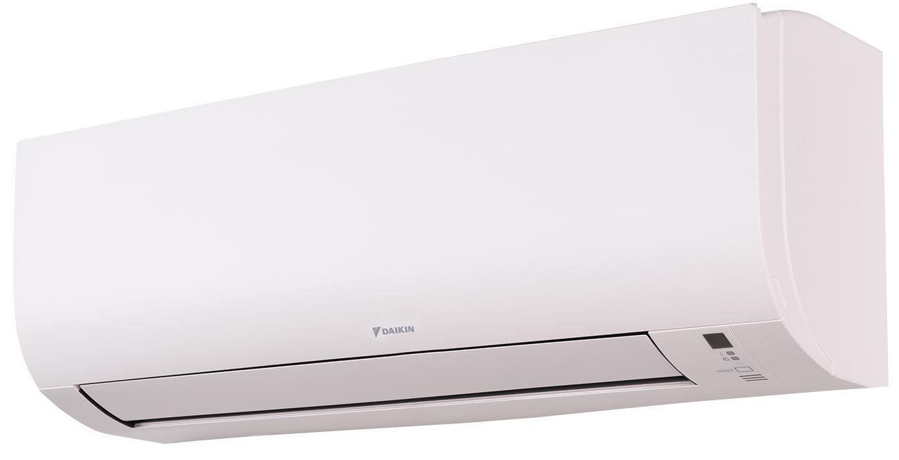 A white wall-mounted unit with a prominent brand logo sits against a plain white background, showcasing its design features