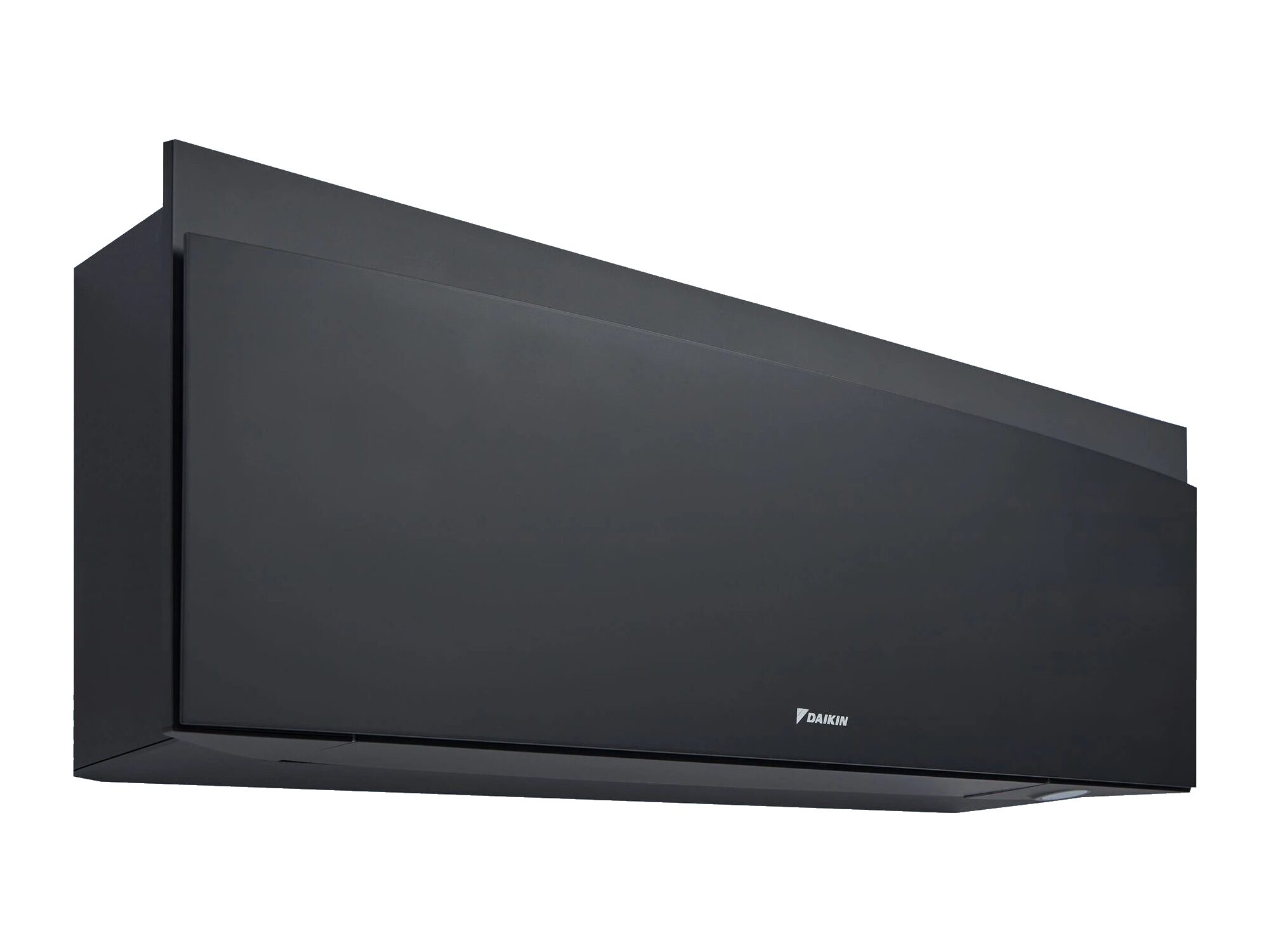 A sleek black Daikin Emura wall-mounted air conditioning unit shown at an angle on a plain white background