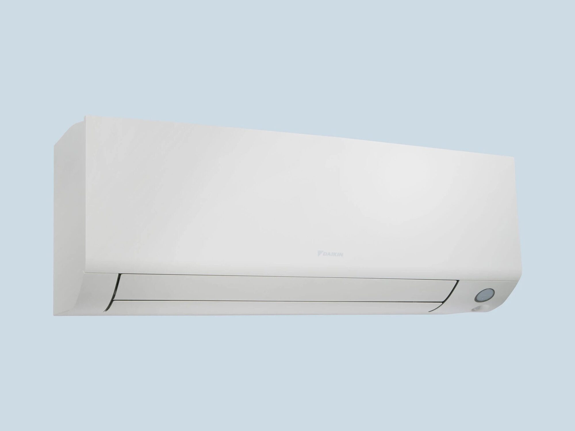 A white wall-mounted unit with controls sits against a pale blue background, showcasing modern air conditioning technology
