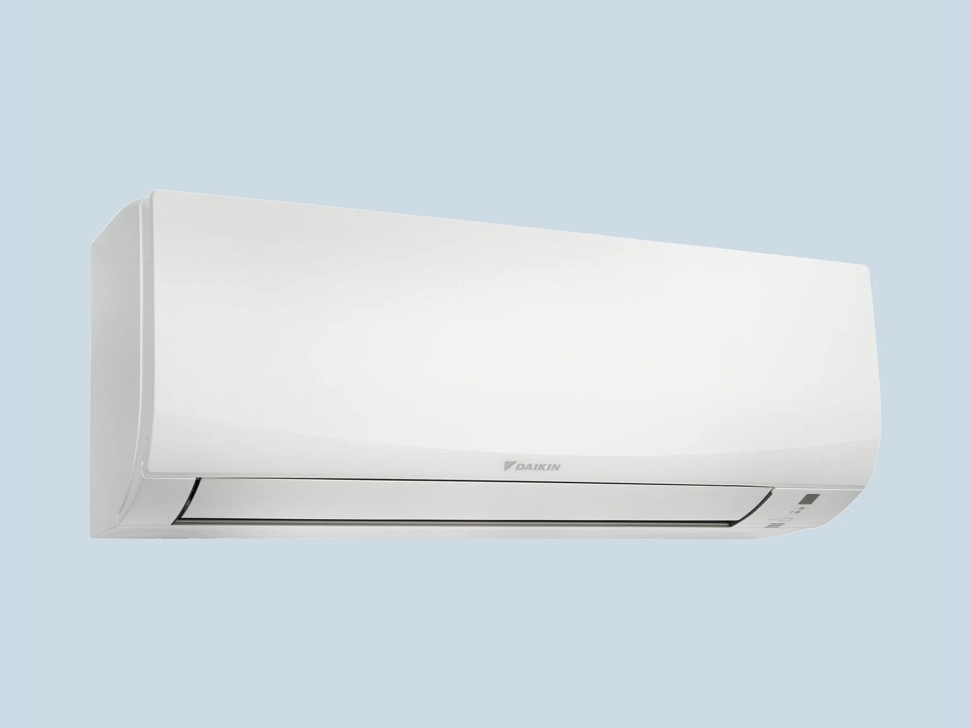 A white wall-mounted air conditioner with a prominent brand logo sits against a pale blue background