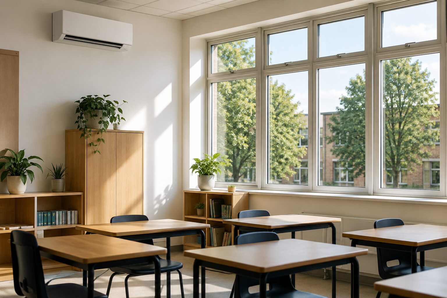 A classroom filled with student desks sits bathed in natural light beside large windows overlooking greenery
