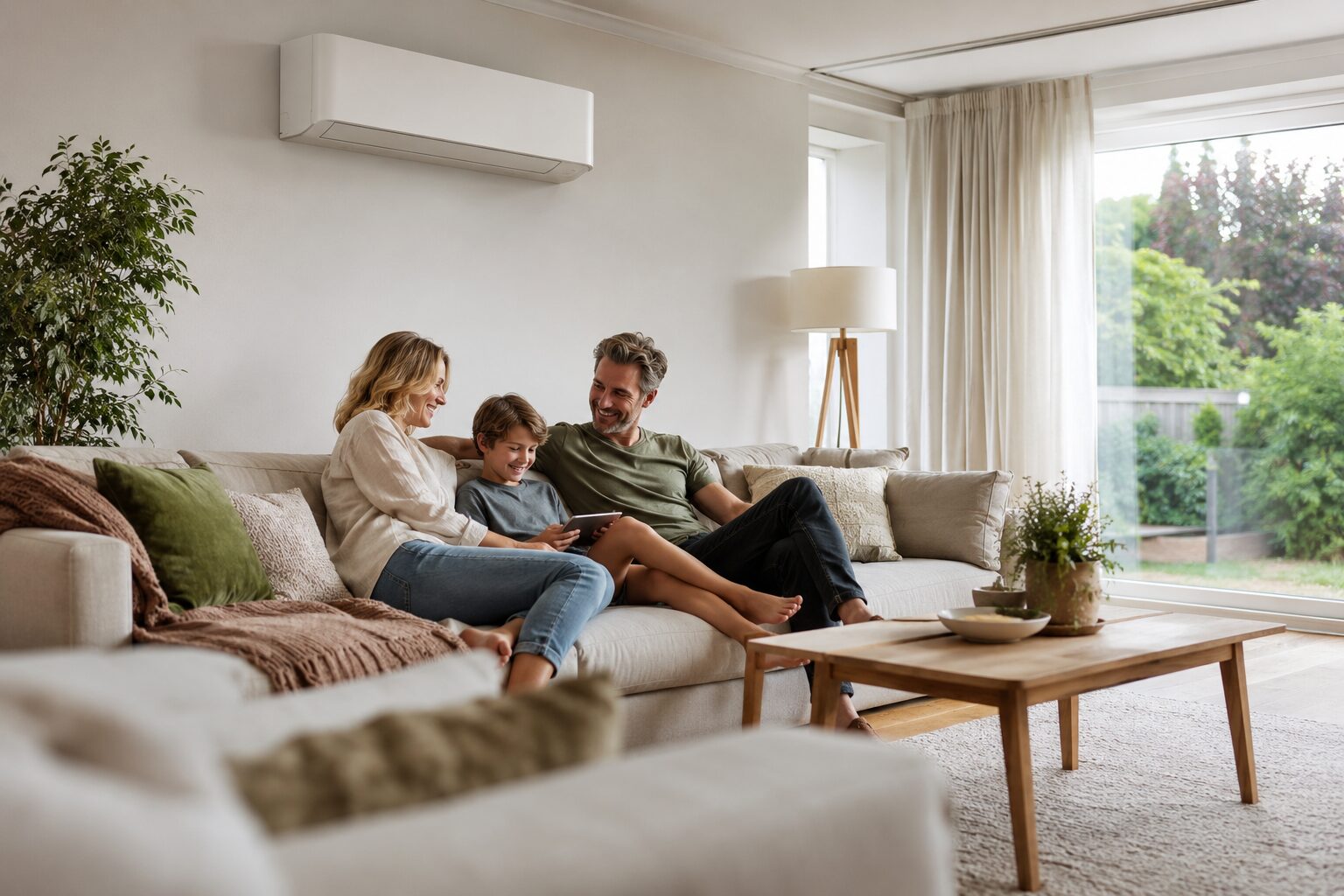 A family sits together on a sofa in a bright living room, sharing a tablet while relaxing in their comfortable  aircon cooled home