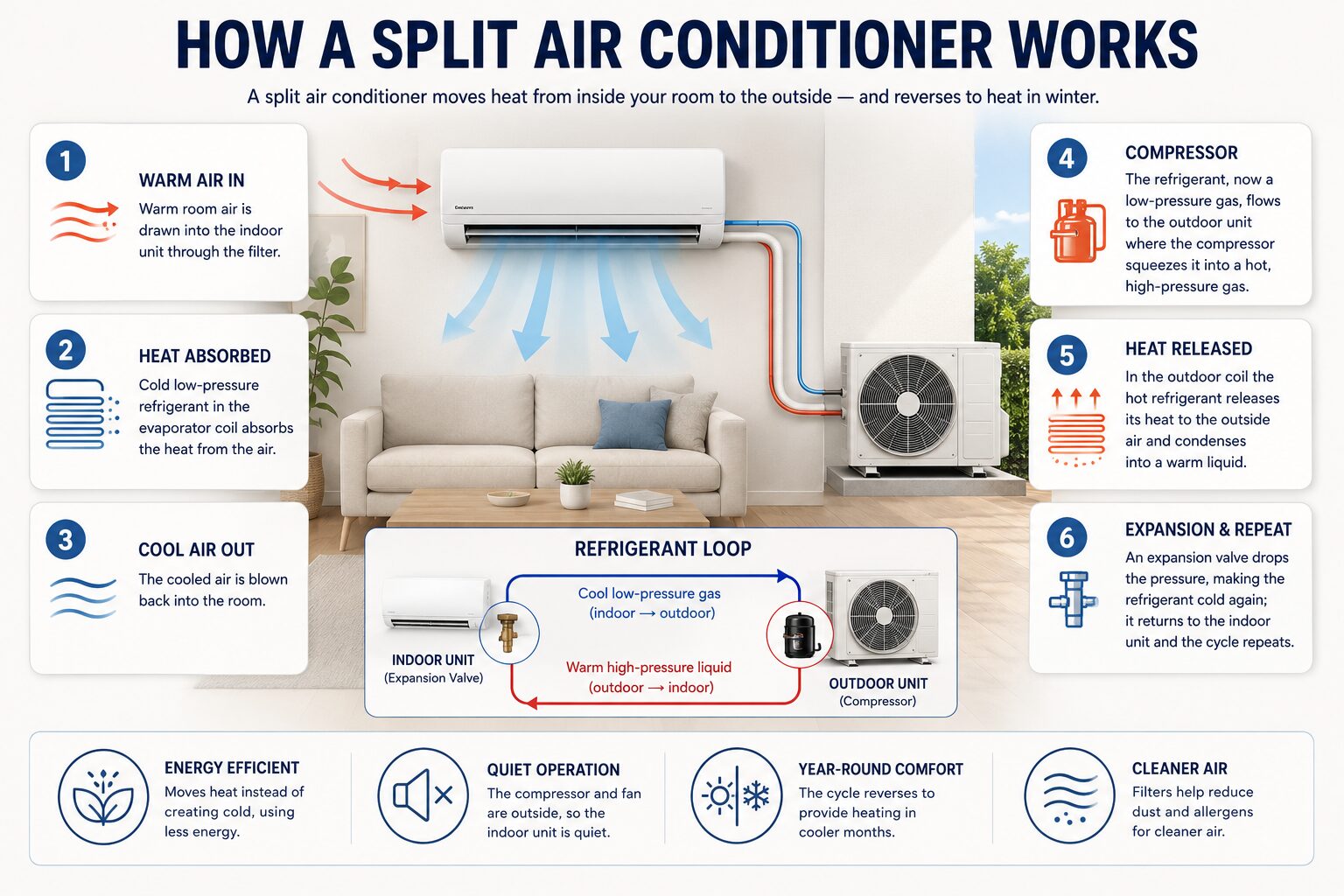 A diagram illustrates how a split air conditioner moves heat from inside to outside through a refrigerant loop using an indoor unit and outdoor compressor