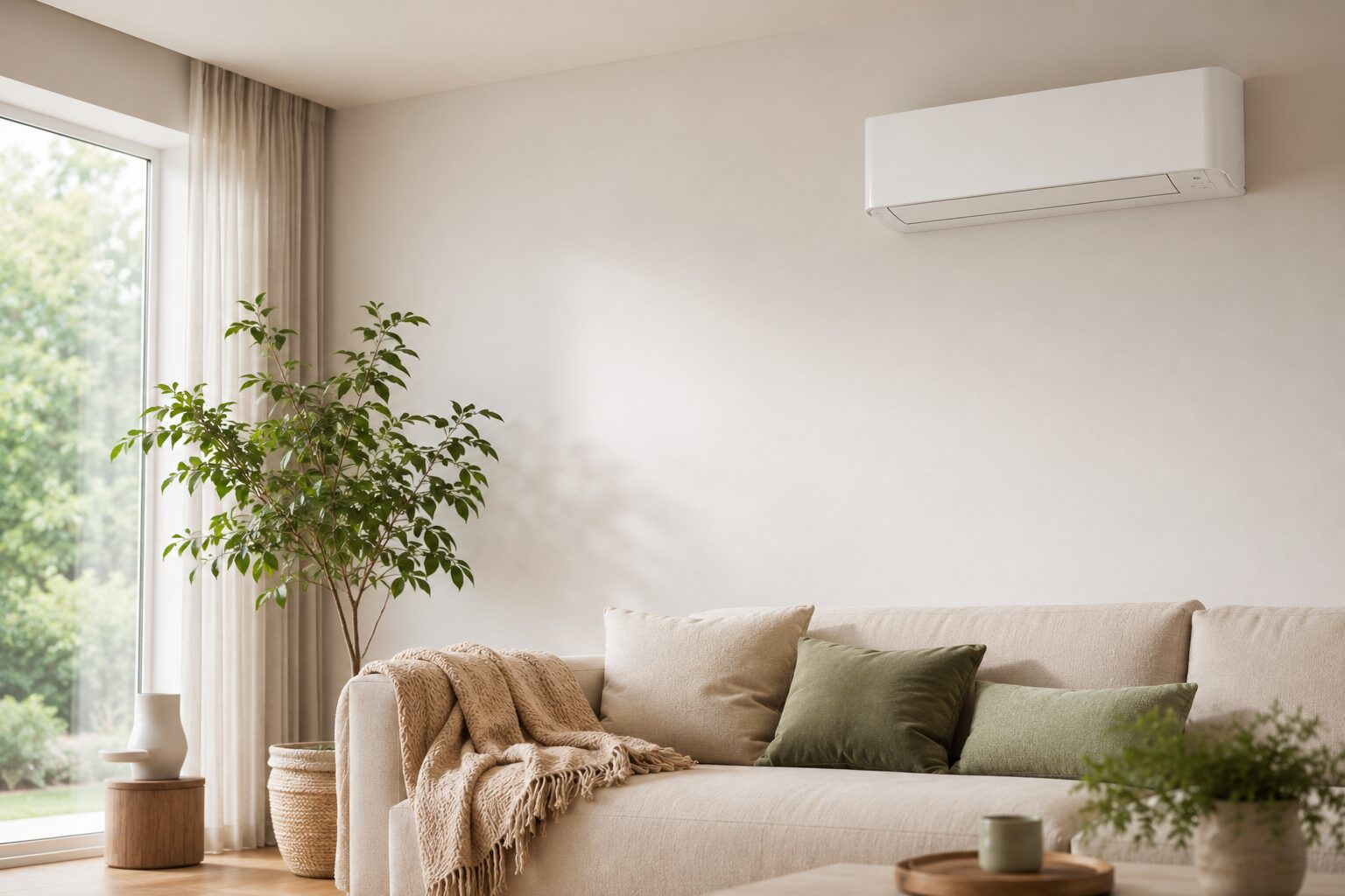 A slim white wall-mounted air conditioning unit heating and cooling a bright modern living room, above a sofa beside a window