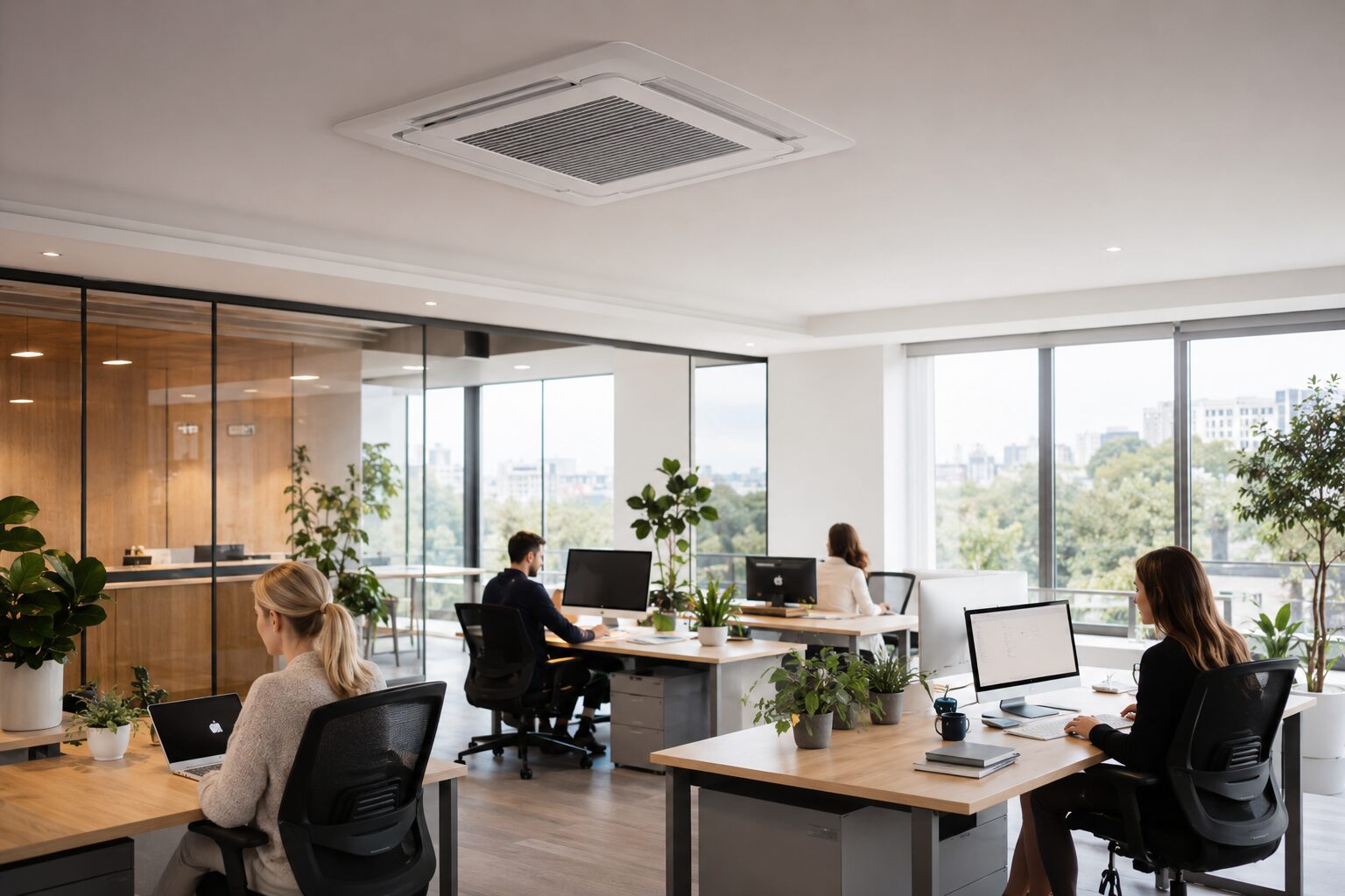 Several people work at modern desks in a bright office space with large windows overlooking a cityscape
