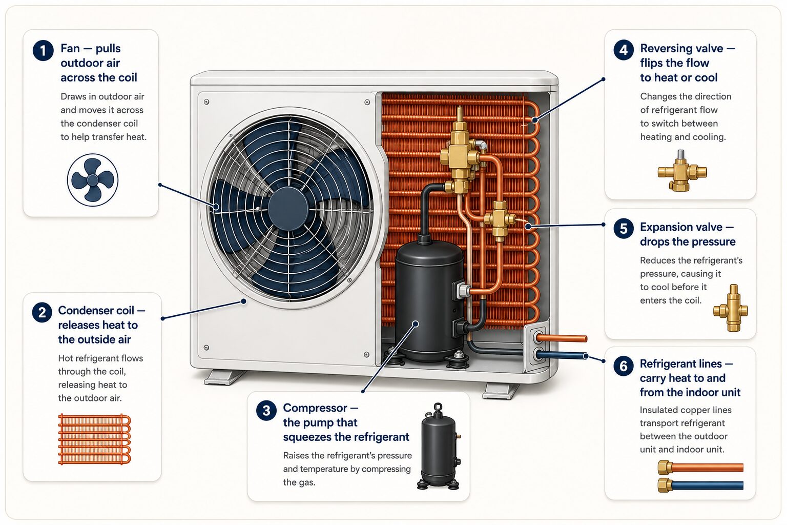 A labelled cutaway illustration of an air conditioning outdoor unit with its front panel removed, showing six parts: the fan on the front that pulls outdoor air across the coil; the finned condenser coil that releases heat to the outside air; the compressor, a black cylindrical drum at the bottom, the pump that squeezes the refrigerant; the reversing valve on the pipework that flips the flow to heat or cool; the expansion valve that drops the refrigerant's pressure; and the insulated refrigerant lines that carry heat to and from the indoor unit.