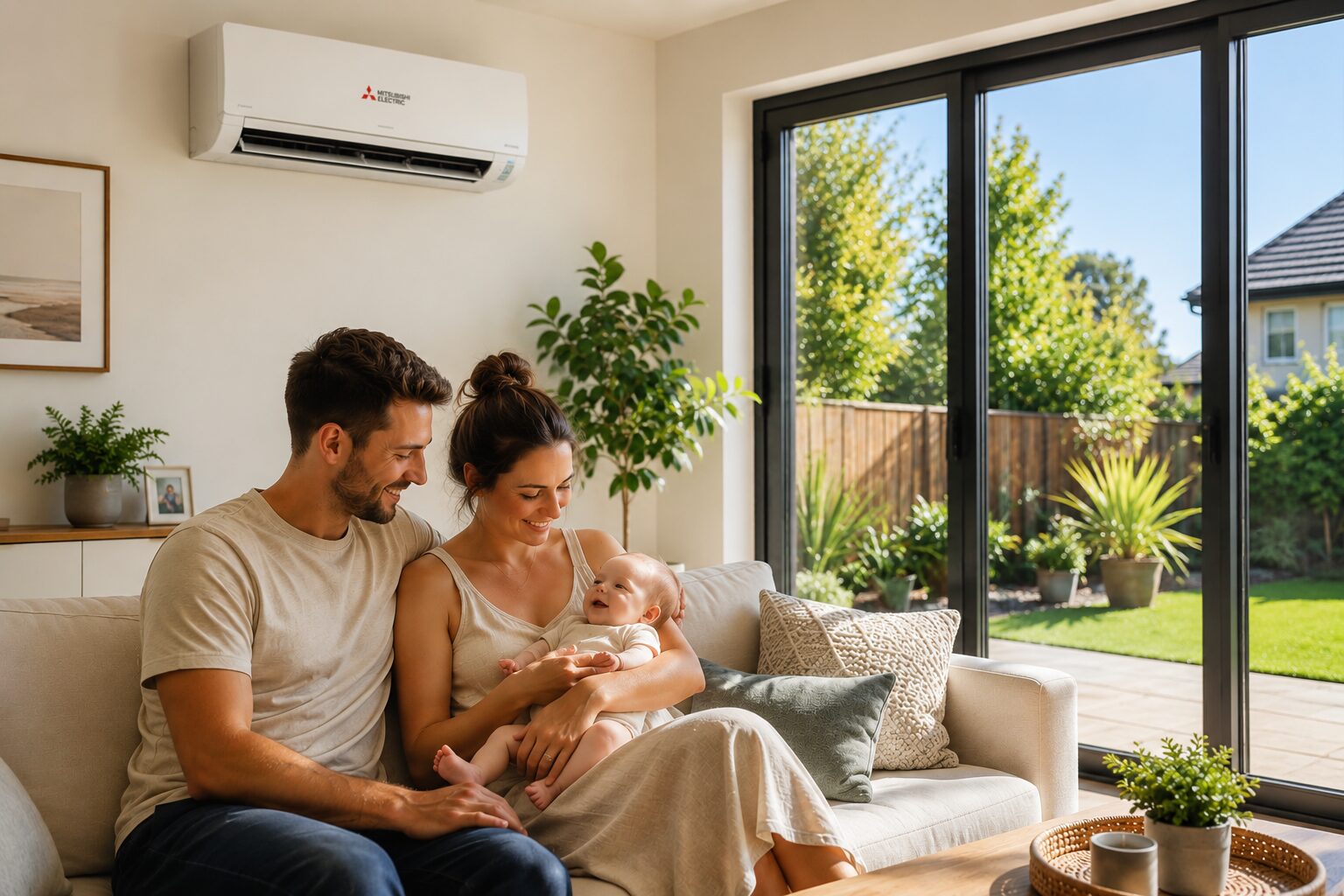 A young family sits together on a sofa bathed in natural light, enjoying a peaceful moment within a bright living room