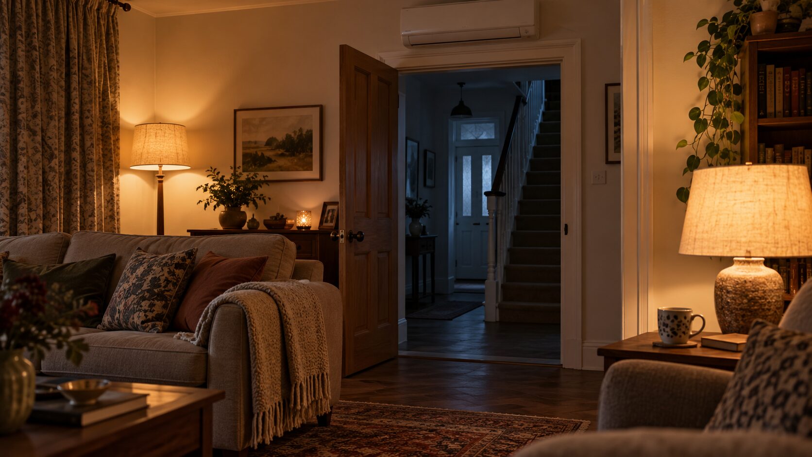 A warm, lamp-lit living room on a winter evening with a slim wall-mounted air conditioning unit, seen beside an open door into a dark, cold, unlit hallway and staircase.